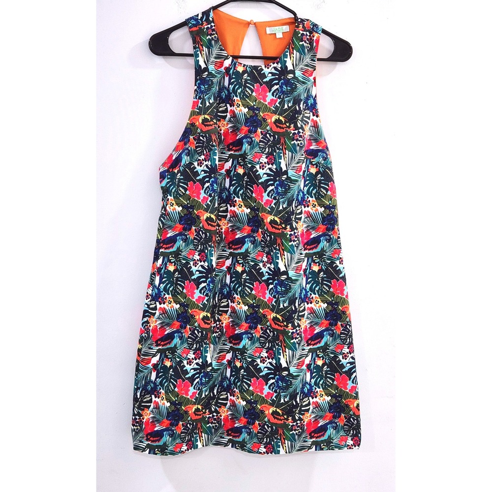 Jade Melody Tam Tropical Parrot Floral Print Keyhole Back Mini‎ Shift Dress L